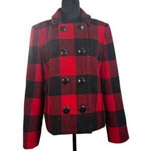 Charter Club Women's Large Jacket Red Black Plaid Wool Blend Shoulder Pads